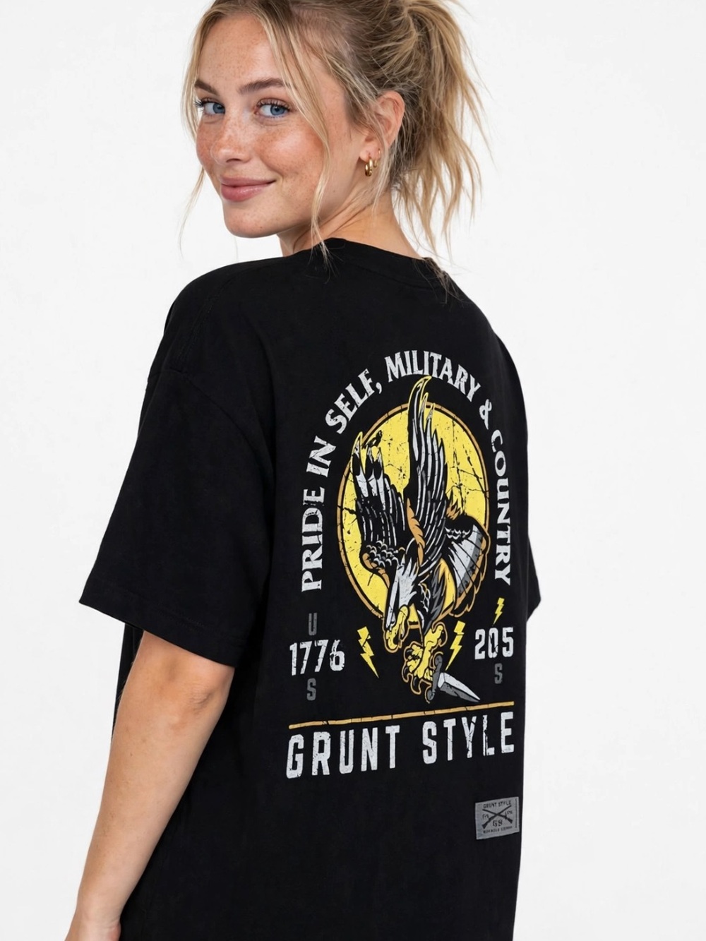 Grunt Style Black Short-Sleeve Tee with Yellow & White Eagle Graphic